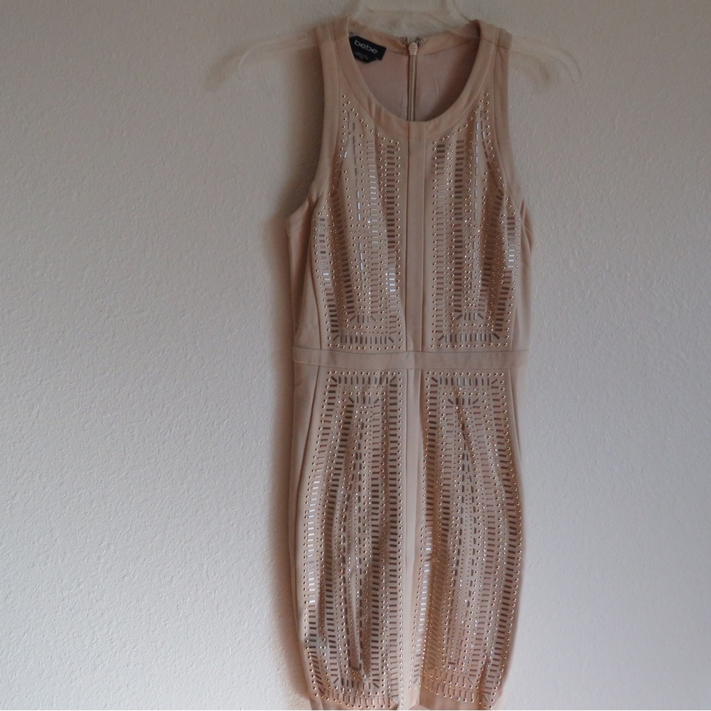 Bebe Studded Nude Bodycon Mini Dress  Rhinestone Size S Stretch